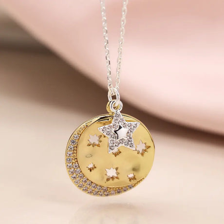 POM Faux Gold Cut Out Stars Crystal Disc Necklace