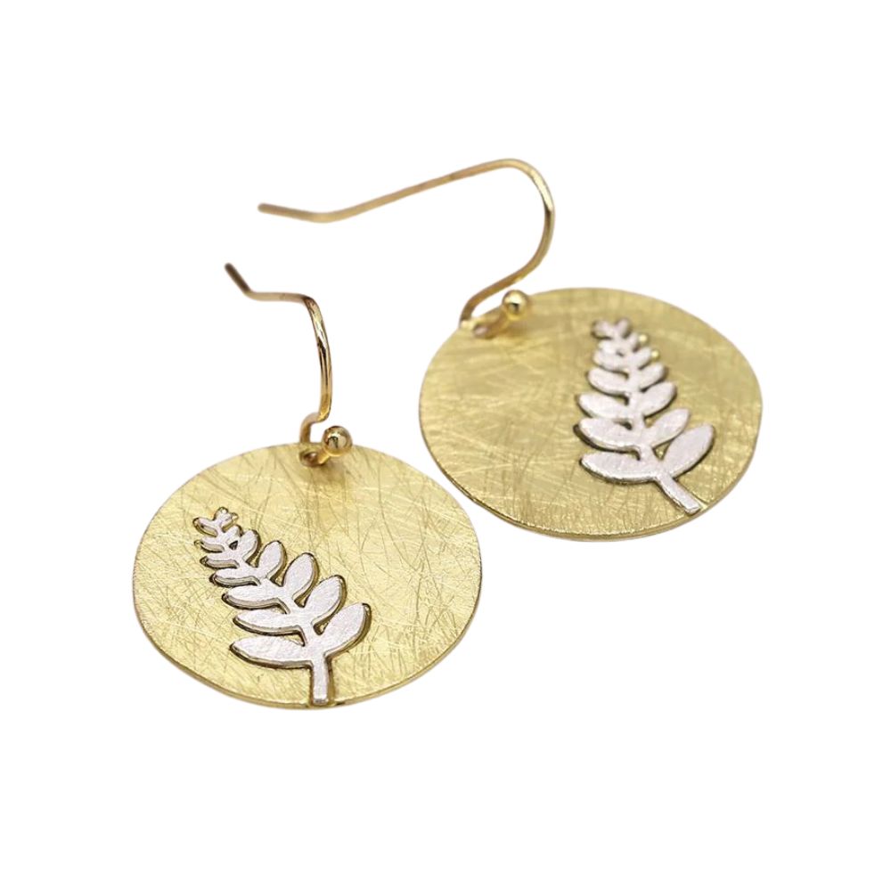POM Brushed Faux Gold Disk with Silver Fern Earings