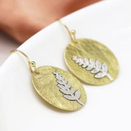 POM Brushed Faux Gold Disk with Silver Fern Earings