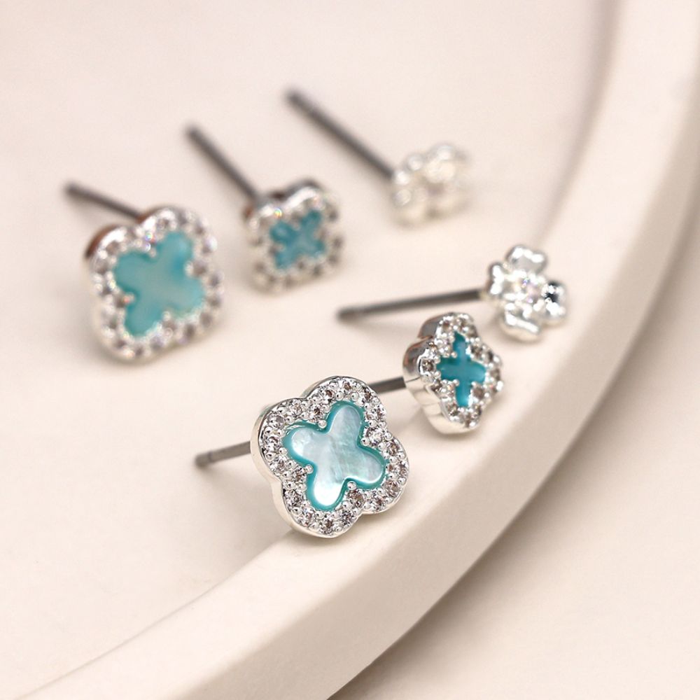 POM Silver Plated Blue Quatrefoil Triple Stud Set