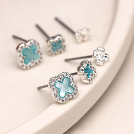 POM Silver Plated Blue Quatrefoil Triple Stud Set