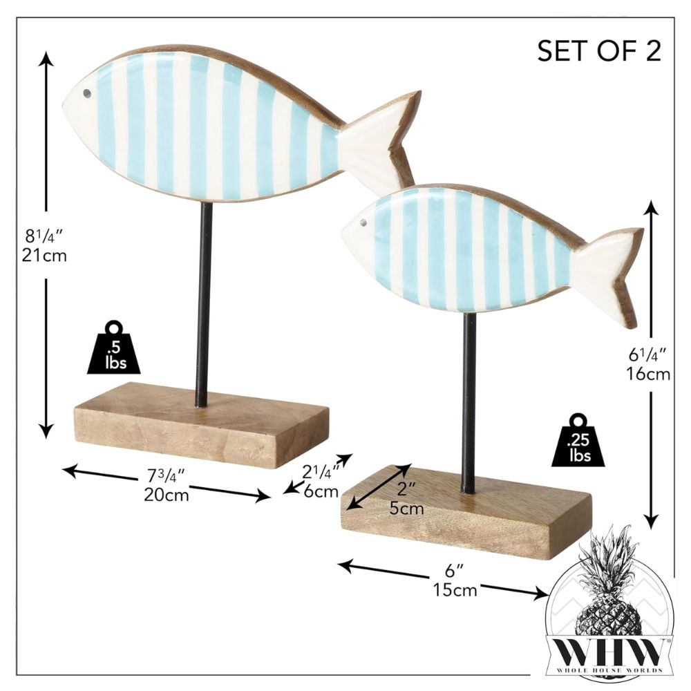 Kaemingk 18cm Decoration Ornament Wood Fish White Blue Stripes
