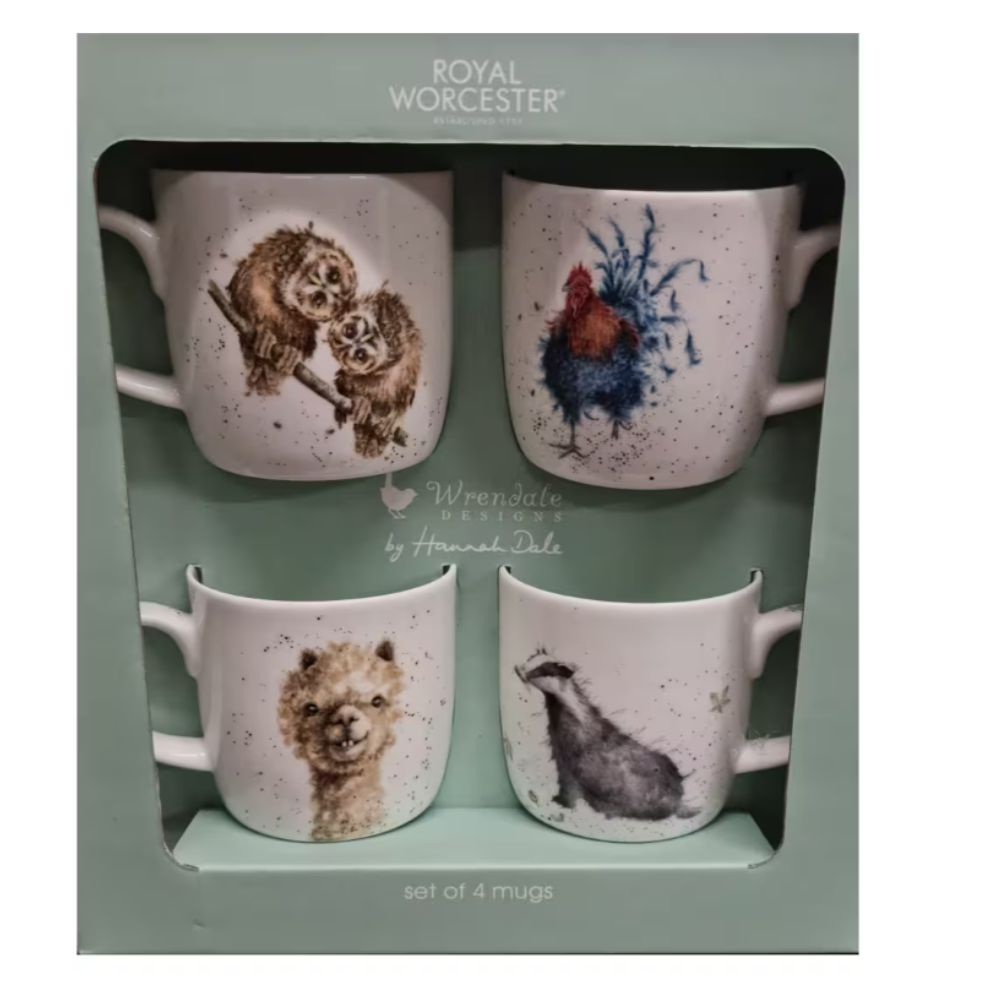 Wrendale Designs 4 Piece Animal  Mug Gift Set (Owl/Turkey/Badger/LLama)