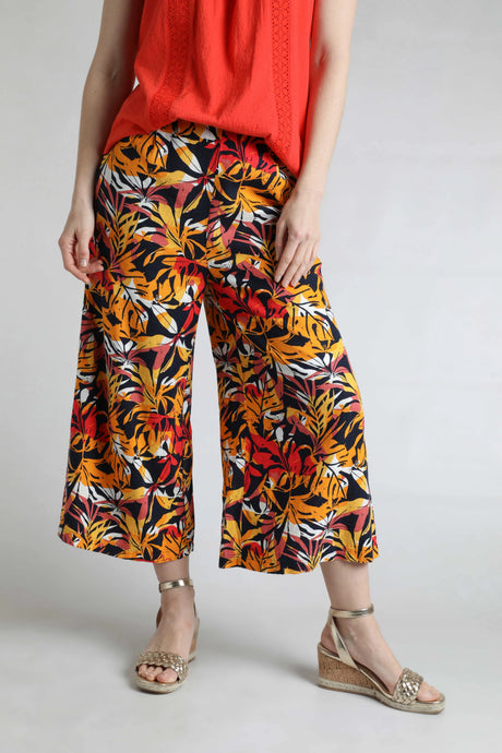 Weird Fish 10 Caramel Mossa Printed Linen Cropped Wide Leg Culottes - 203427