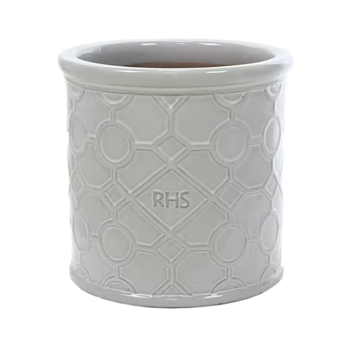 Rhs Auto Pot Woodlodge 30cm White RHS Cylinder Lattice Glazed Pot – Old Railway Line ...