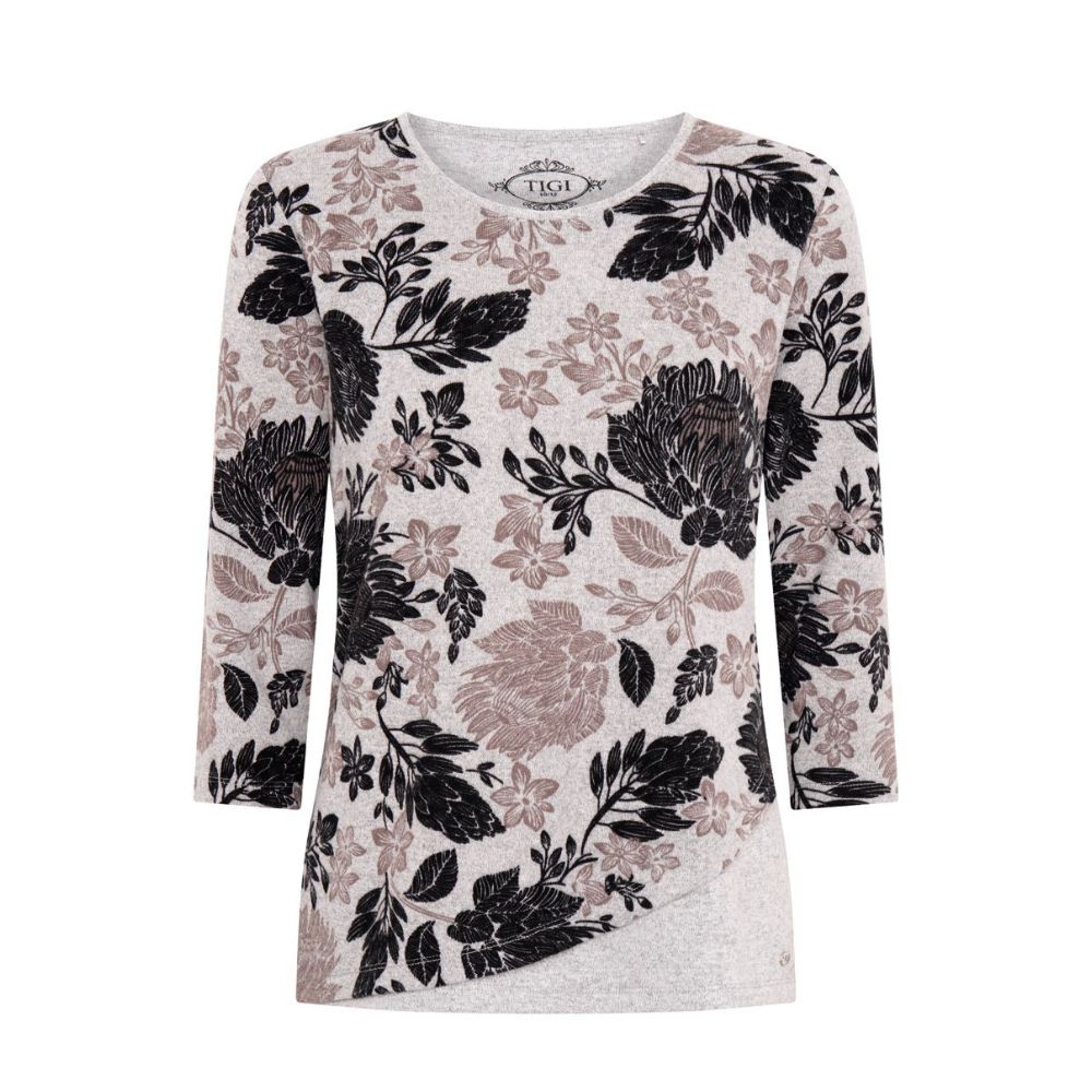 Tigi Wild Flower Curved Hem Top - Grey