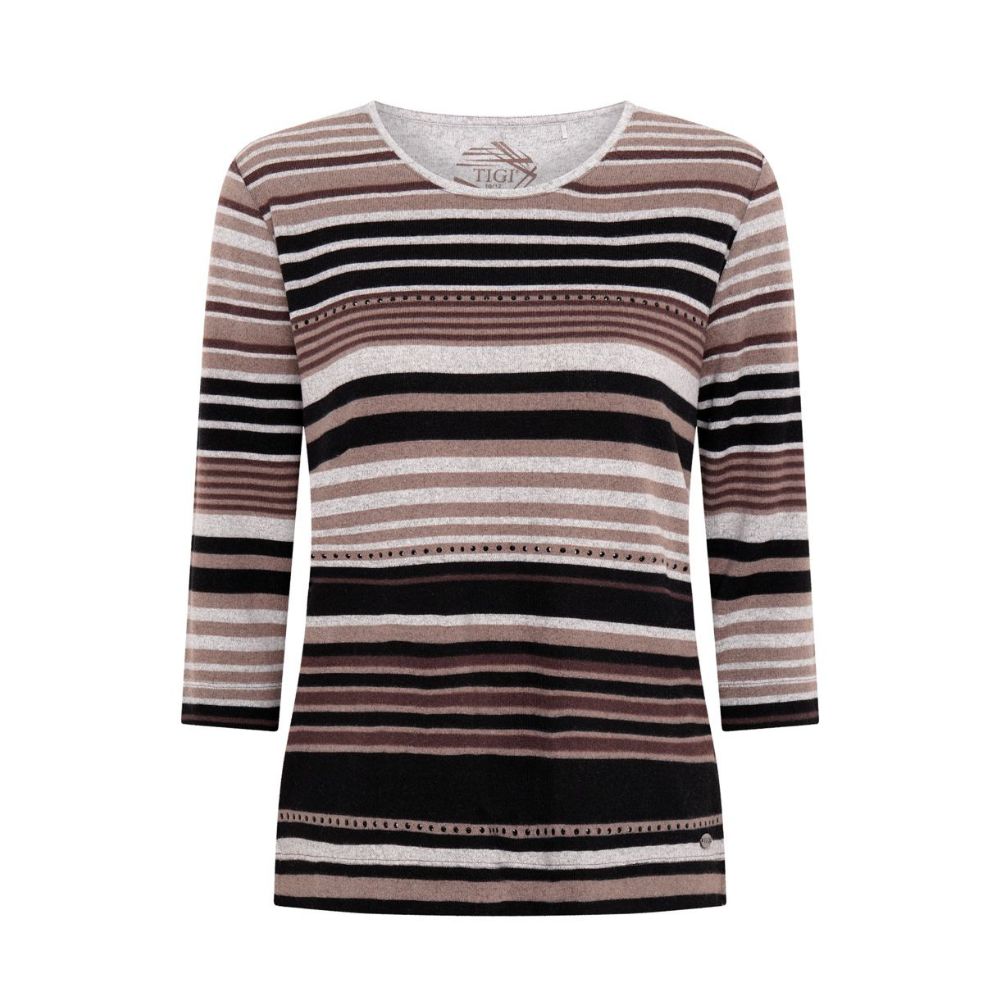 Tigi Stripe & Diamantes Crew Neck Top - Brown