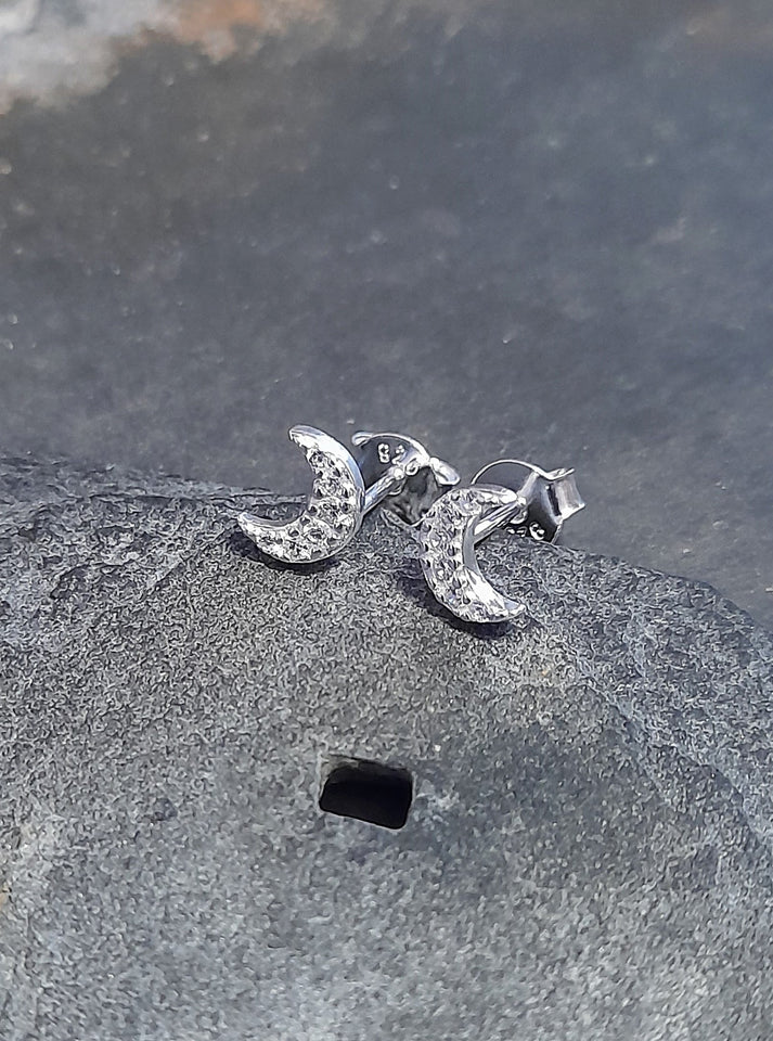 Blue Lily 6mm Silver Clear Crystal Moon Stud Earrings - SS607B