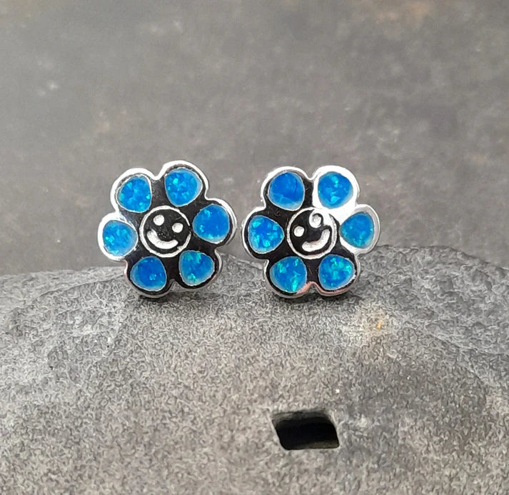 Blue Lily 10mm Syn Opal Flower Stud Earrings - SS630B