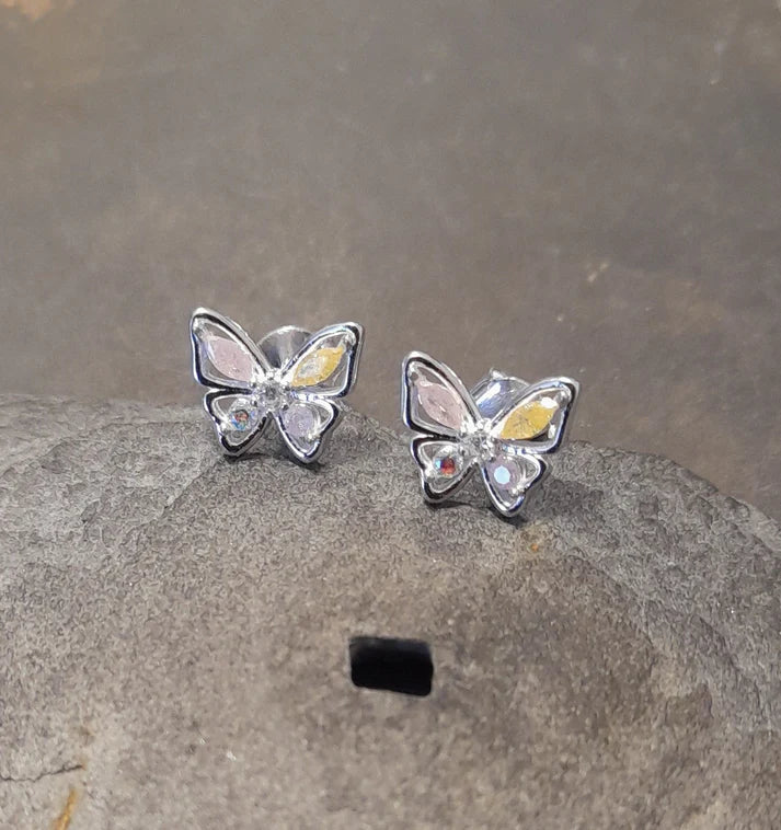 Blue Lily 9mm Butterfly with Pink Pastel Crystal Wings Stud Earrings - SS647B