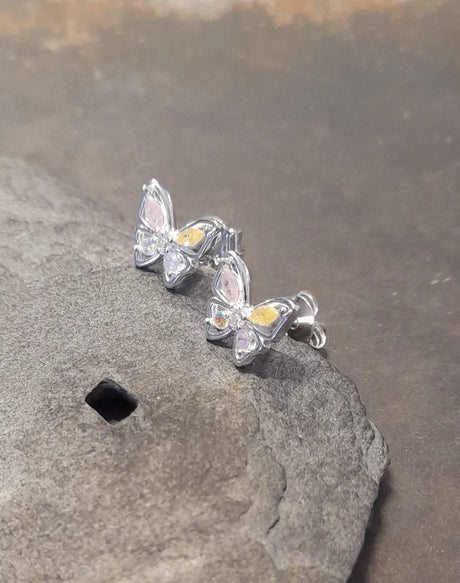 Blue Lily 9mm Butterfly with Pink Pastel Crystal Wings Stud Earrings - SS647B
