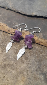 Blue Lily 35m Amethyst Crystal & Silver Feather Drop Earrings - SE500B