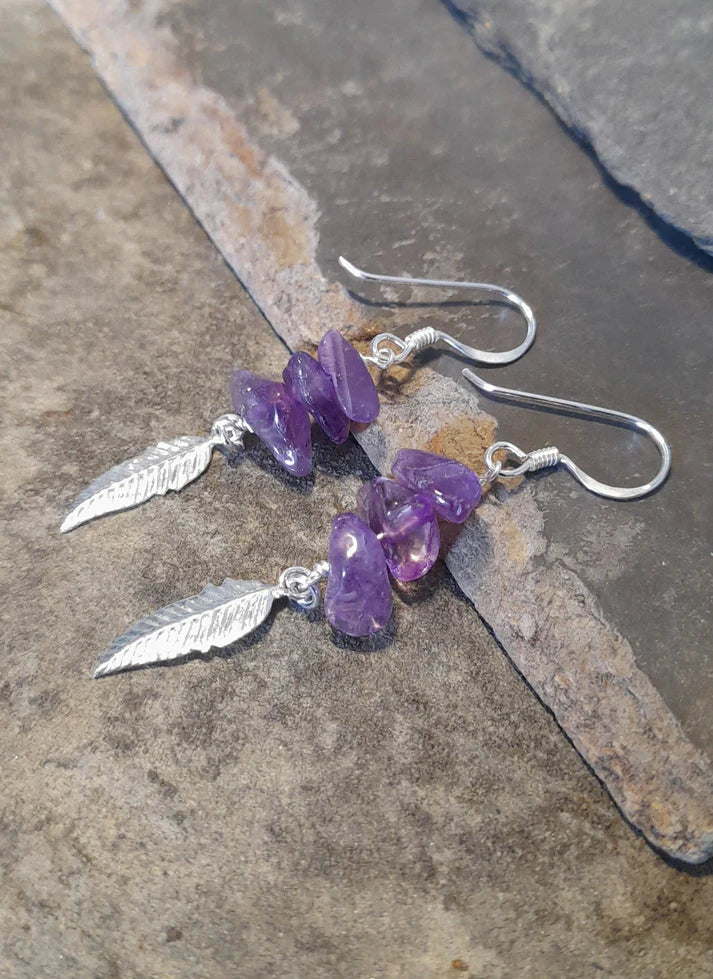 Blue Lily 35m Amethyst Crystal & Silver Feather Drop Earrings - SE500B