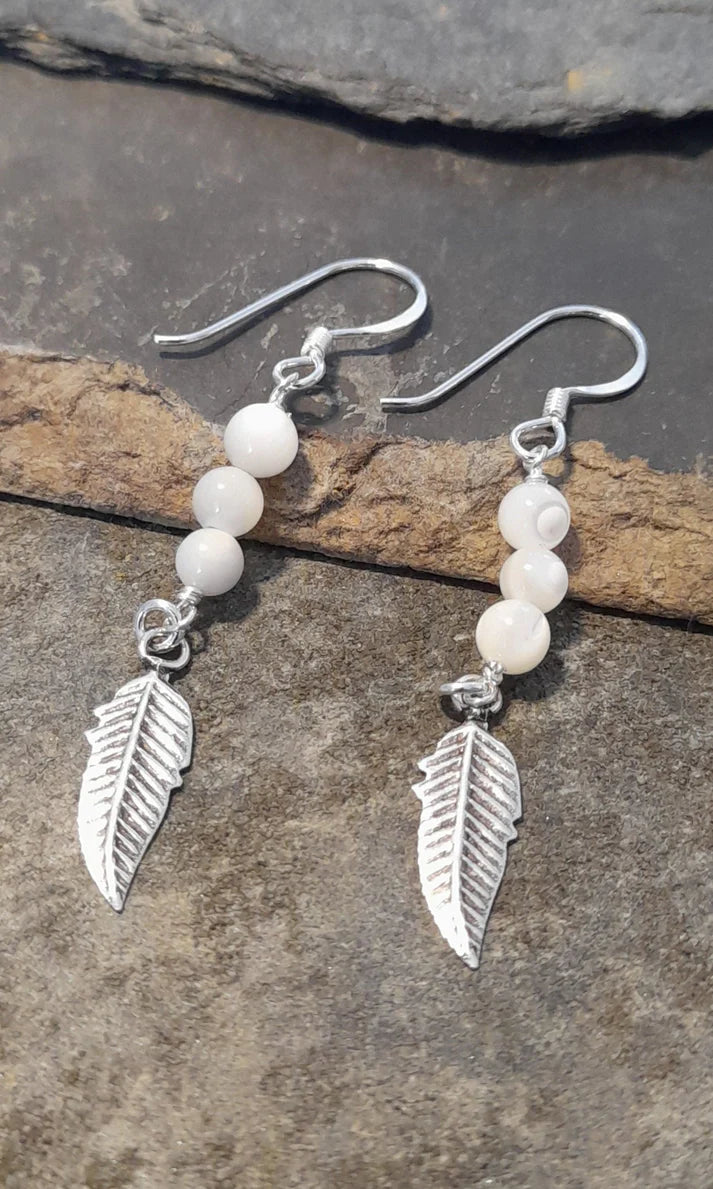 Blue Lily 35mm Mother of Pearl & Silver Feather Drop Earrings - SE502B