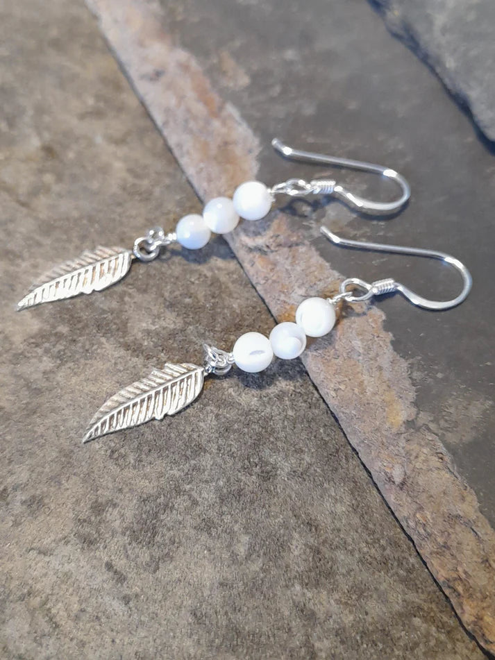 Blue Lily 35mm Mother of Pearl & Silver Feather Drop Earrings - SE502B