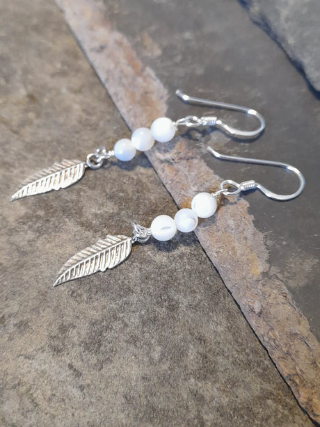 Blue Lily 35mm Mother of Pearl & Silver Feather Drop Earrings - SE502B
