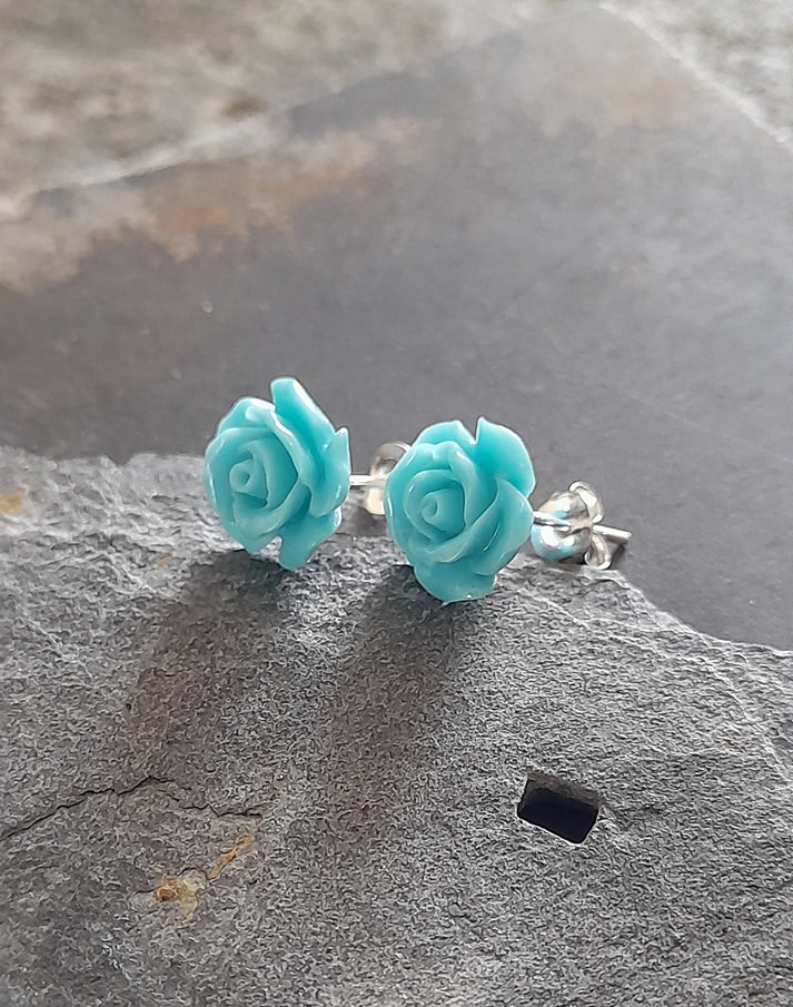 Blue Lily 10mm Turquoise Resin Rose Stud Earrings - SS674B