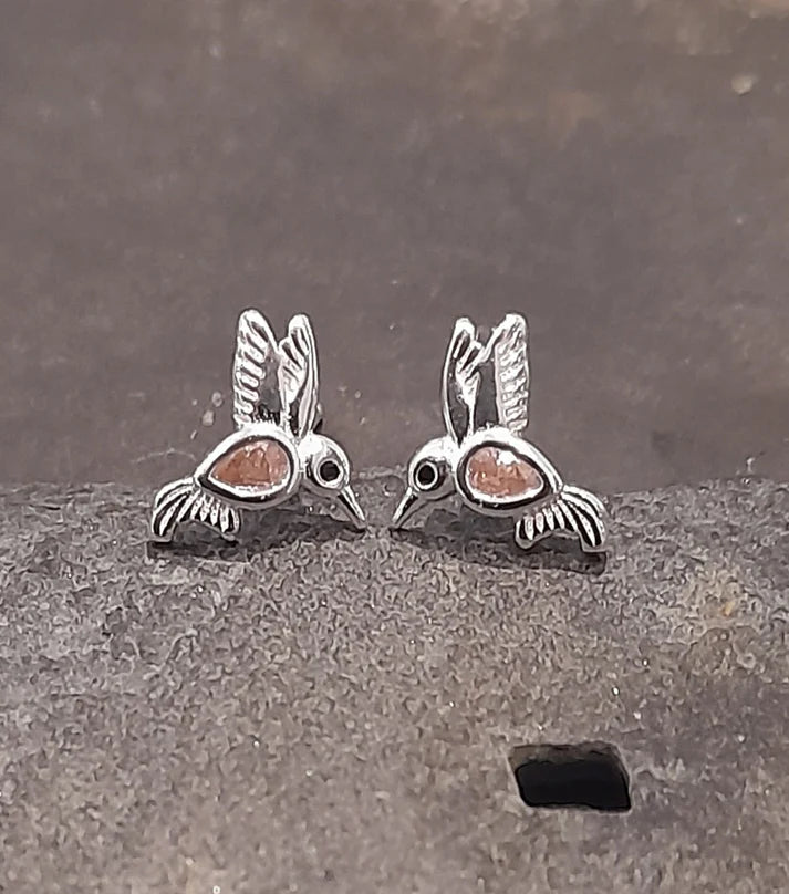 Blue Lily 9mm Pink Crystal Hummingbird Stud Earrings - SS700B