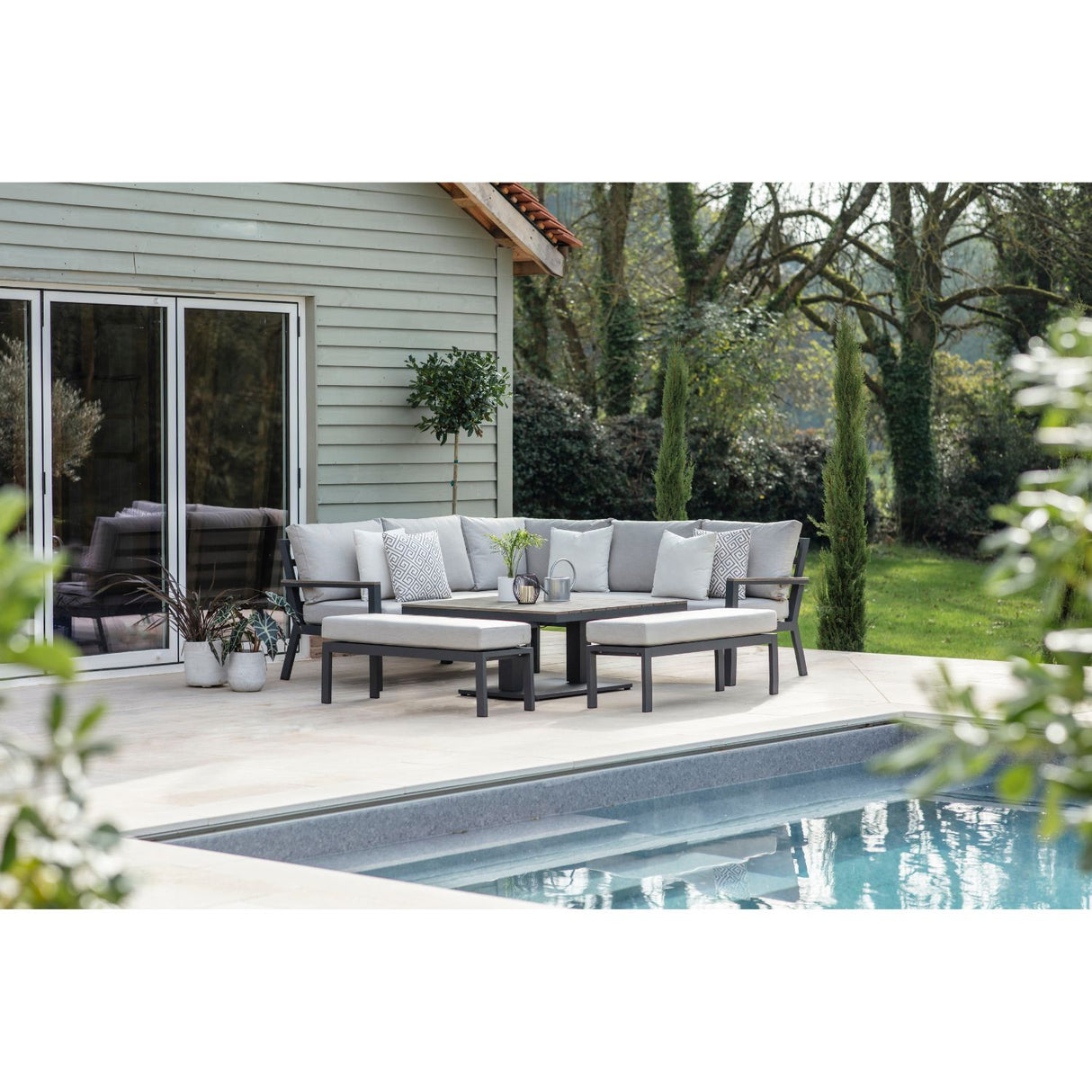 Bramblecrest Fawn Zurich Corner Sofa with Square Piston Adjustable Table & 2 Benches - X24AZRCDS2