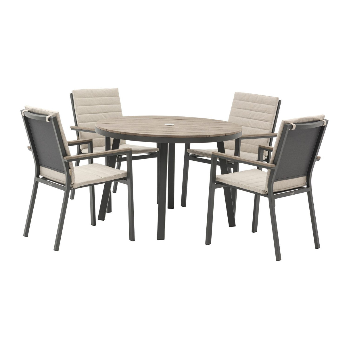 Bramblecrest 110cm Fawn Zurich 4 Seat Round Dining Set with Parasol & Base - X25ZR01