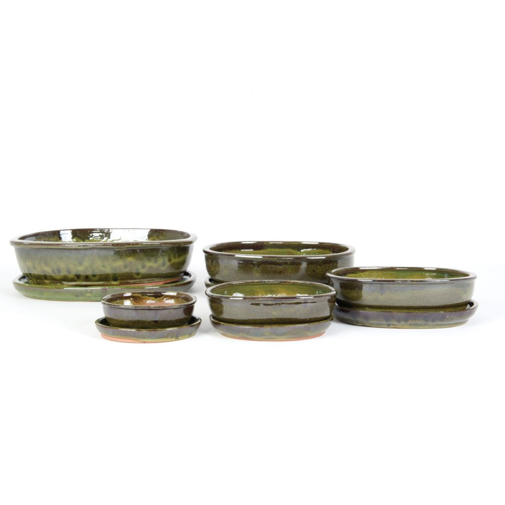Woodlodge 15cm Green Glazed Oval Bonsai Pot & Saucer
