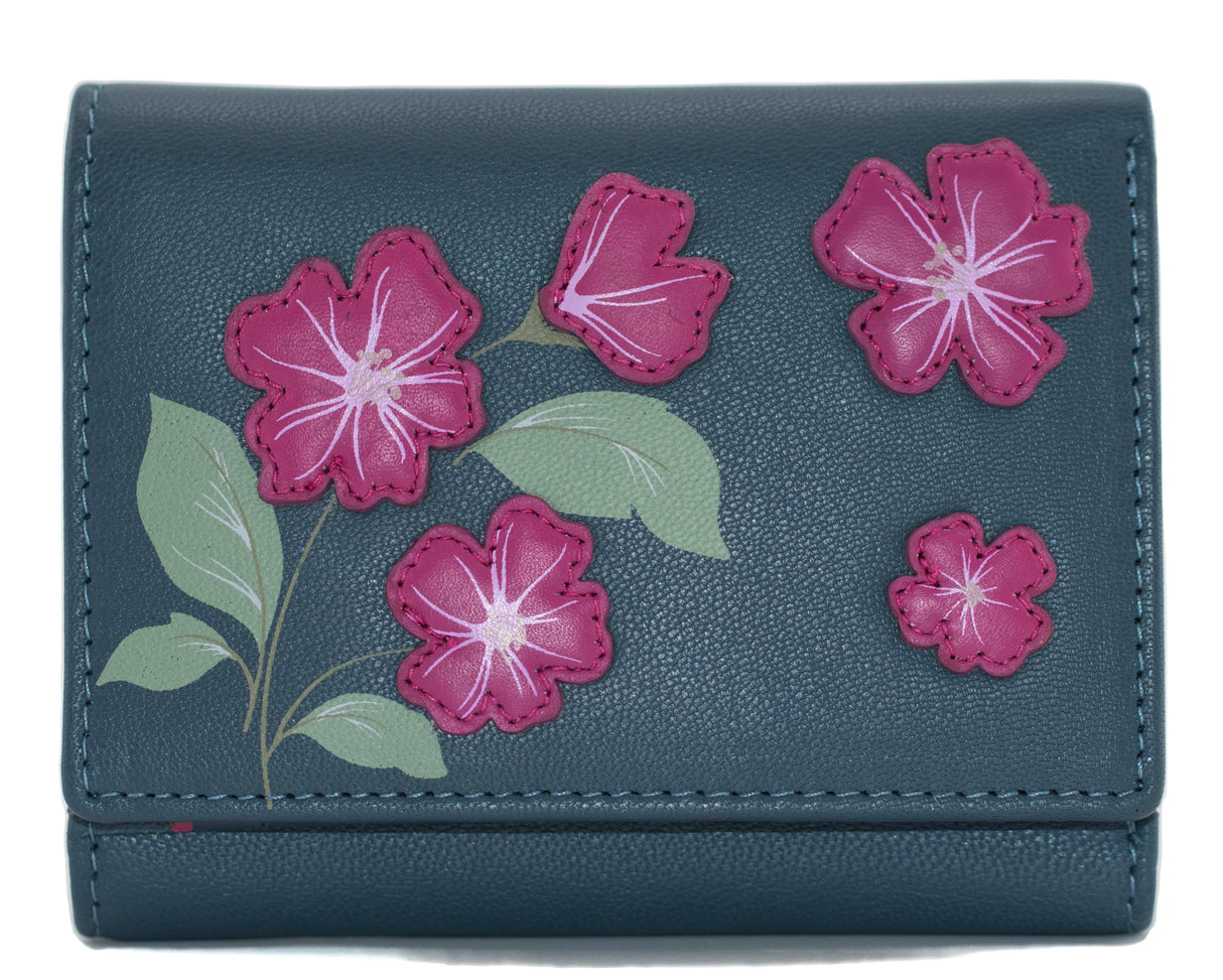 Mala Leather 11cm Navy Sakura Compact Floral Tri-fold Purse - 3677 28