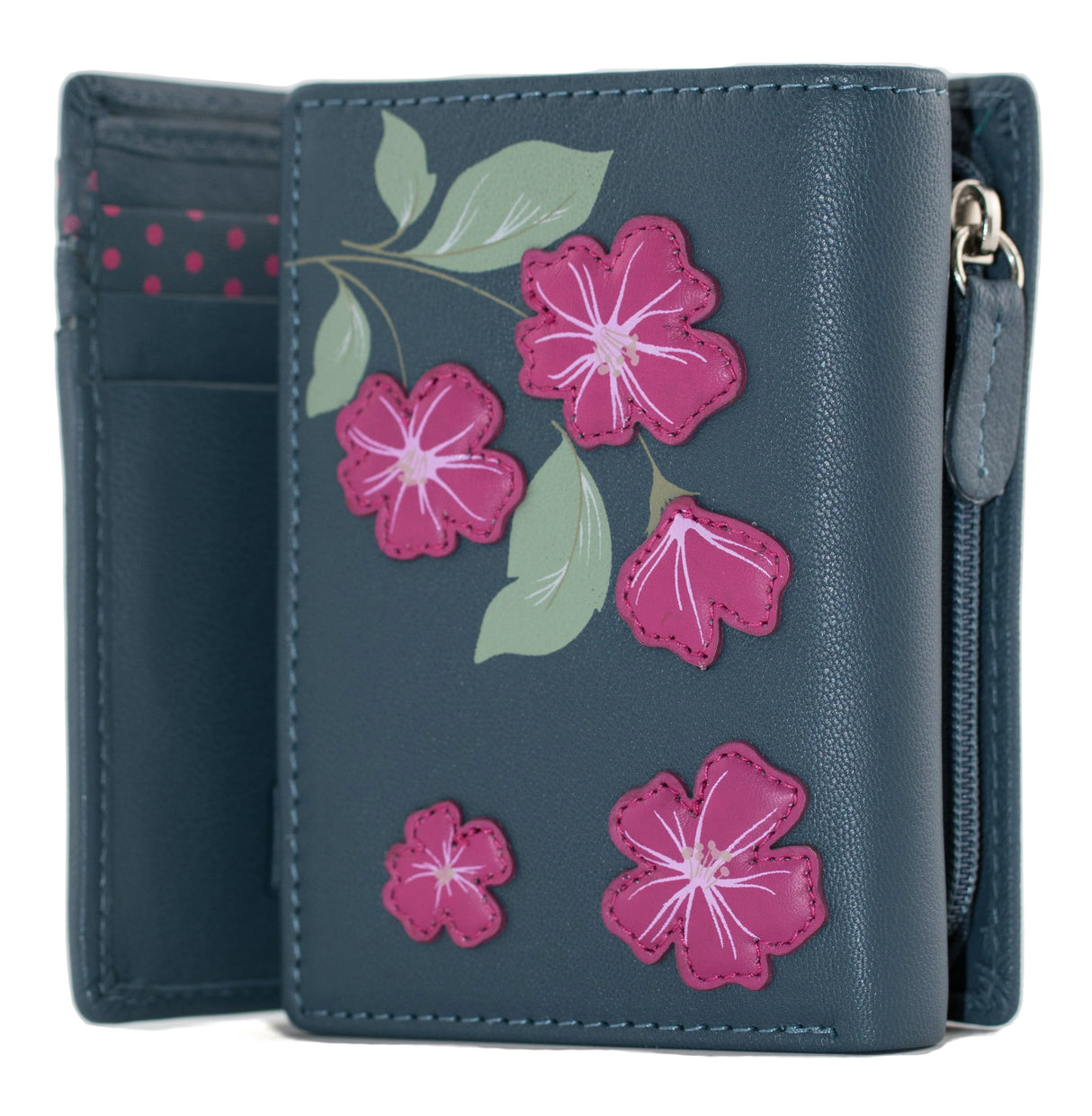 Mala Leather 11cm Navy Sakura Compact Floral Tri-fold Purse - 3677 28