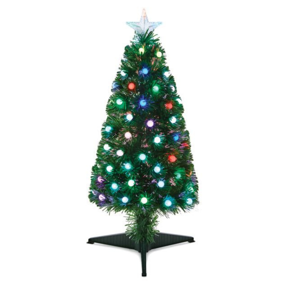 Decorated Christmas tree with colorful lights on a white background