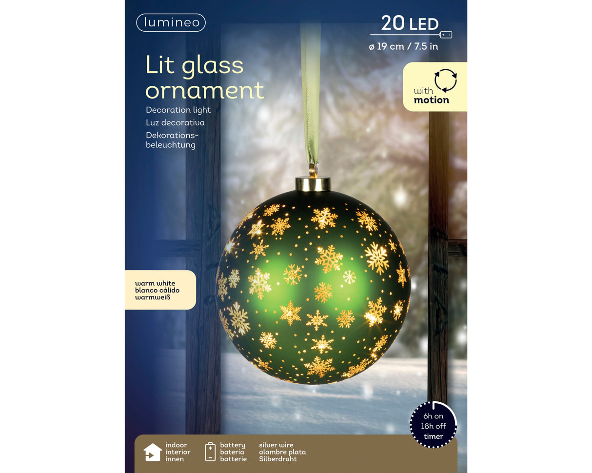 Lumineo 19cm Micro LED Rotating Bauble Hanging Decoration - Green - Warm White