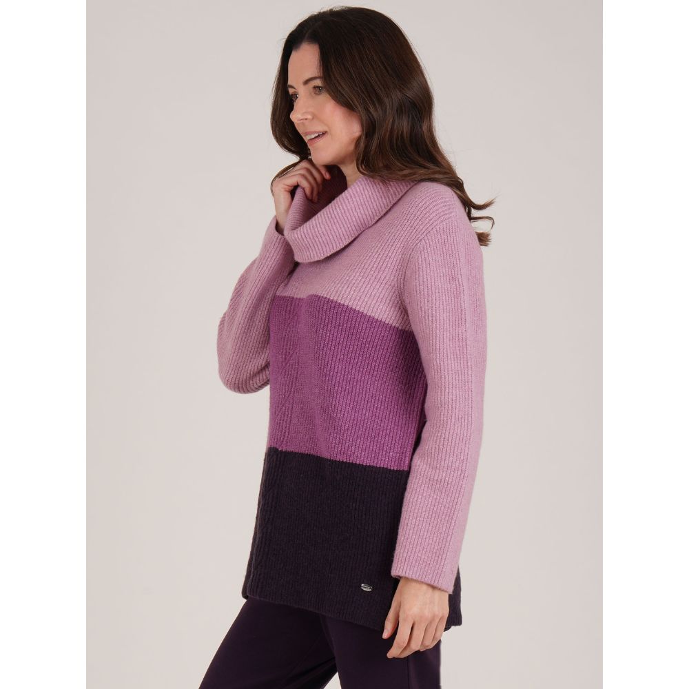 Tigi Colour Block Cable Knit Cowl Neck Jumper - Purple