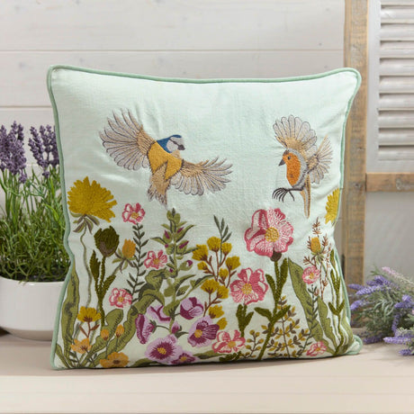 Richard Langs Green Mixed Floral Birds Embroidered Cushion - 4FE151