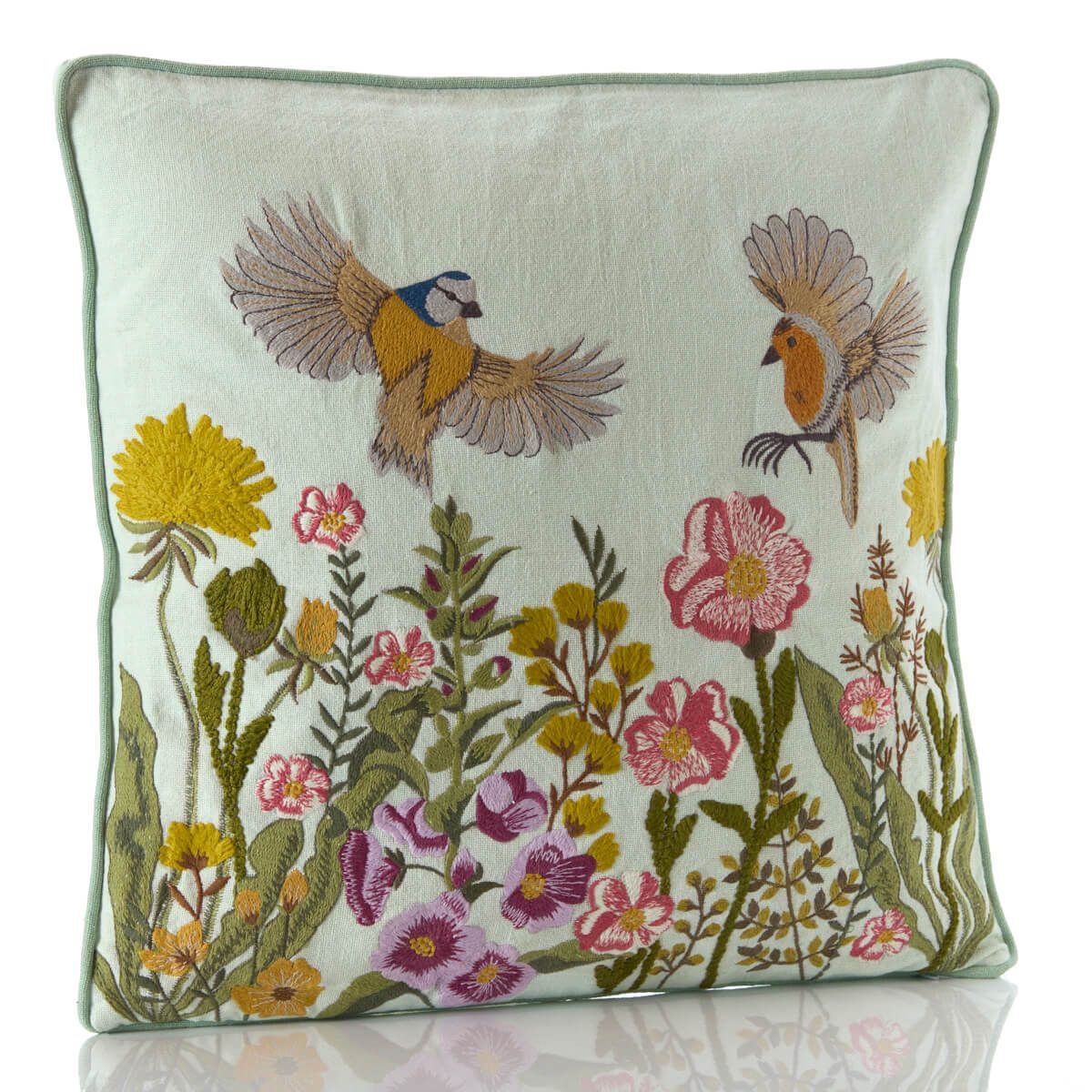 Richard Langs Green Mixed Floral Birds Embroidered Cushion - 4FE151