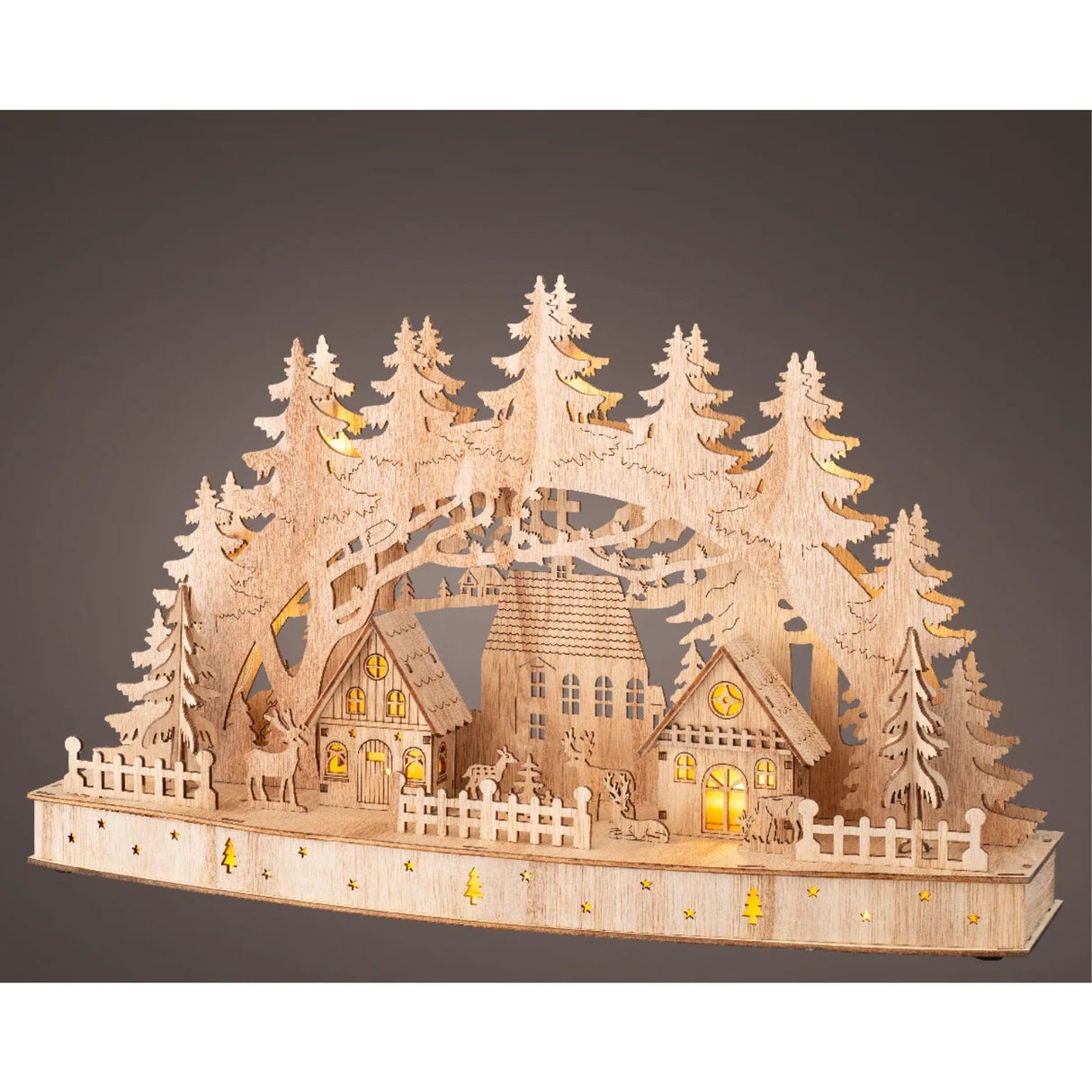 Lumineo 44cm Wooden Christmas Village LED Scene with Forest Trees