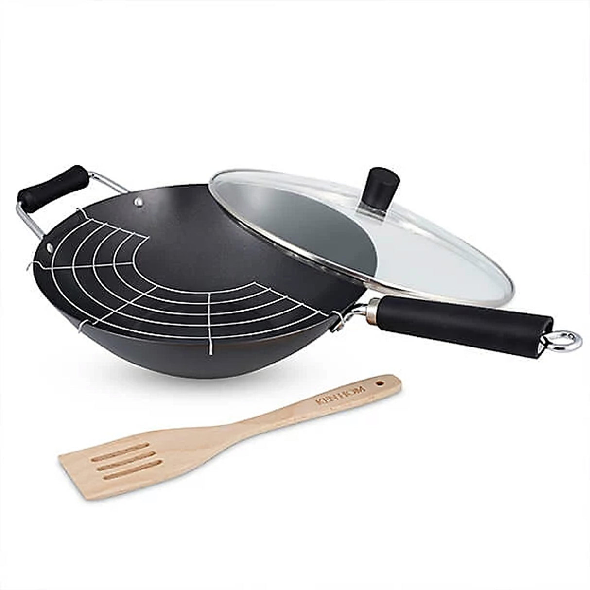 Ken Hom Excellence 31cm Non-Stick Carbon Steel Wok Set (Set of 4)