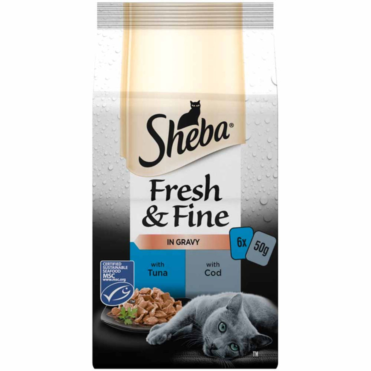 Sheba Pack 6 x 50g Fresh & Fine Adult Tuna & Cod in Gravy Pouches