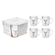 A set of four silver deer design ceramic mugs, with a matching box. The mugs feature a detailed deer illustration and are presented in a white box with Christmas-themed patterns.