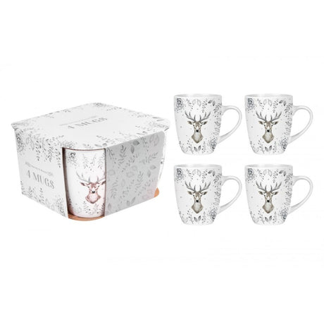 A set of four silver deer design ceramic mugs, with a matching box. The mugs feature a detailed deer illustration and are presented in a white box with Christmas-themed patterns.