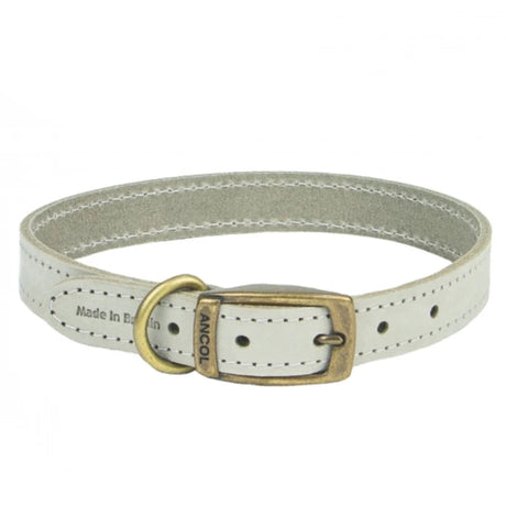 White leather dog collar with brass buckle, 'The Heritage Collection' branding, and product details on a white background.