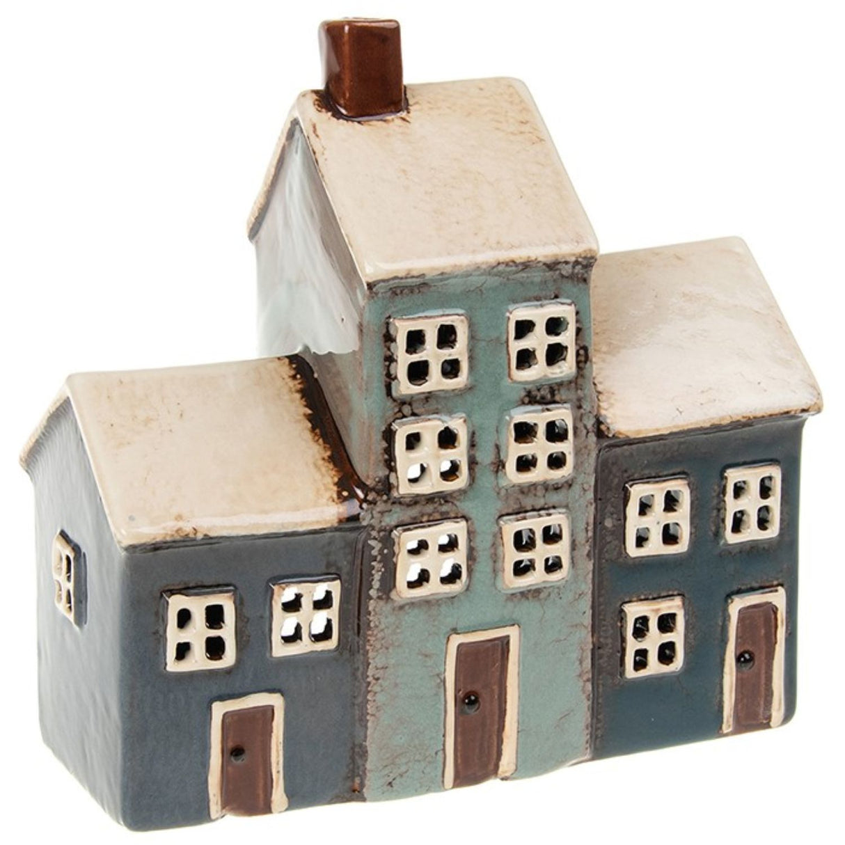 Village Pottery 17cm Navy 3 House Tealight Holder