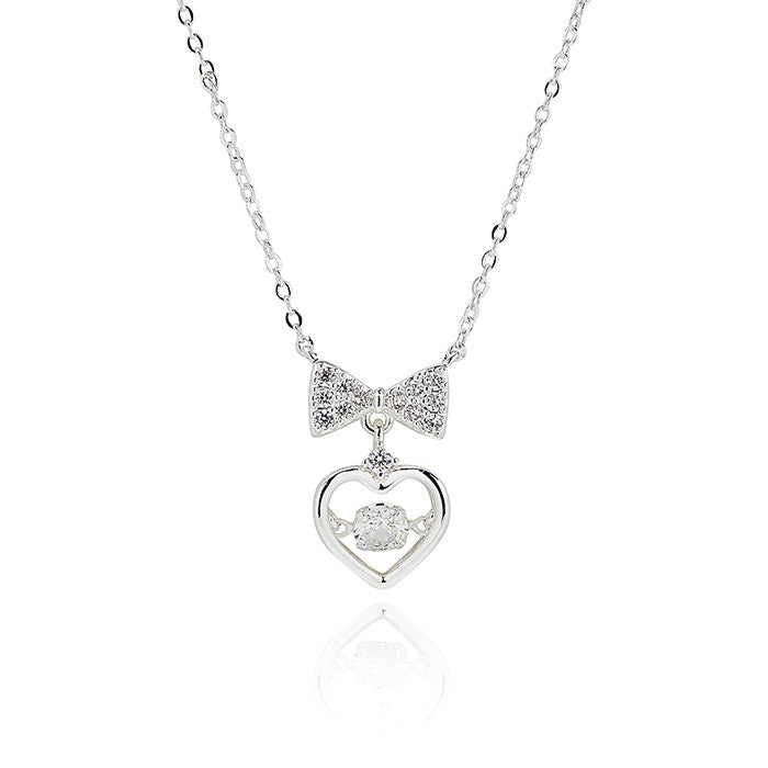 Equilibrium Eternal Bow Move Crystal Heart Silver Plated Necklace
