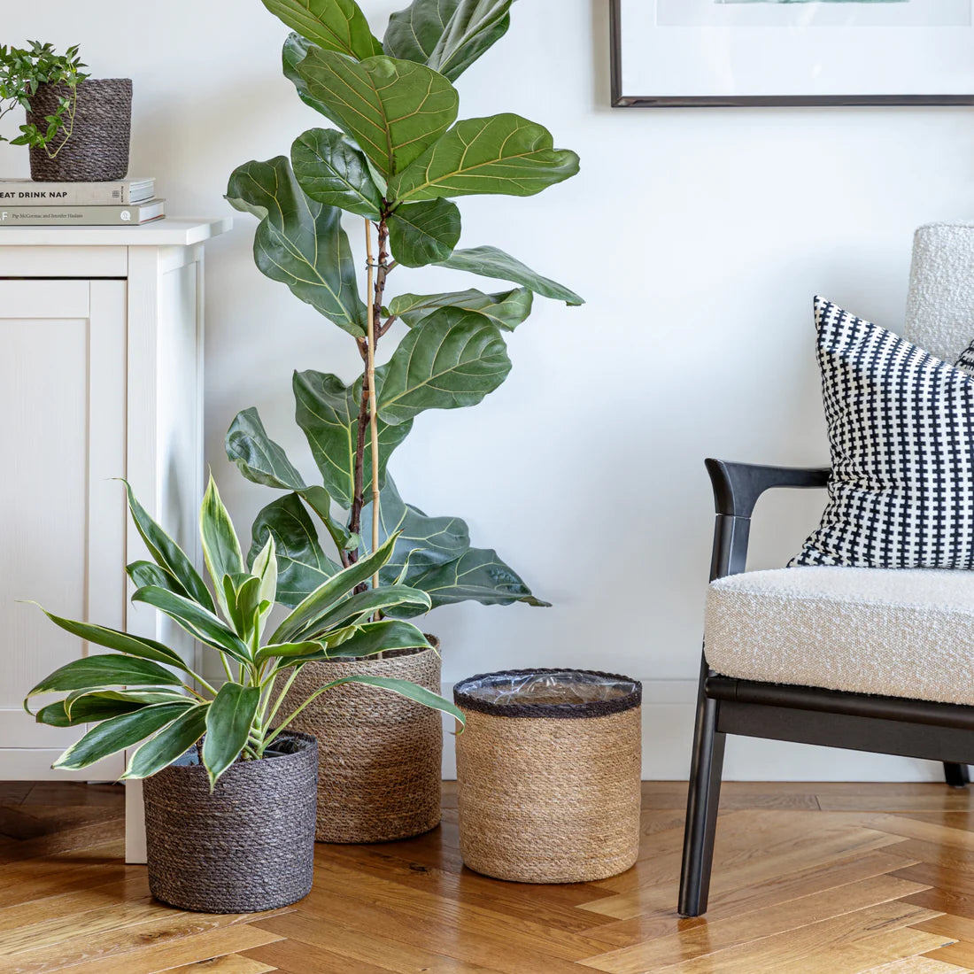 Ivyline 13cm Theo Grey Rim Woven Storage Basket Planters 100% Natural Split Seagrass