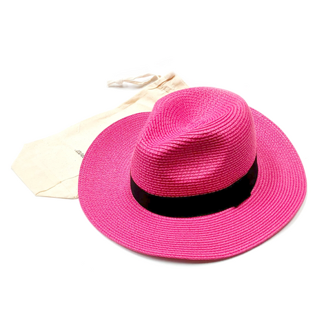 Black Ginger Folding Panama Style Travel Sun Hat - Bright Pink