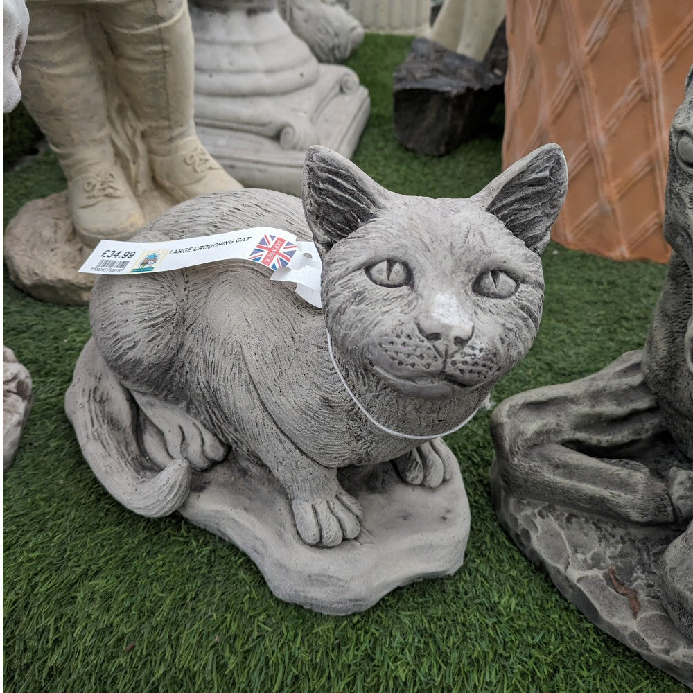 Dream Gardens 34cm Large Stone Crouching Cat Ornament