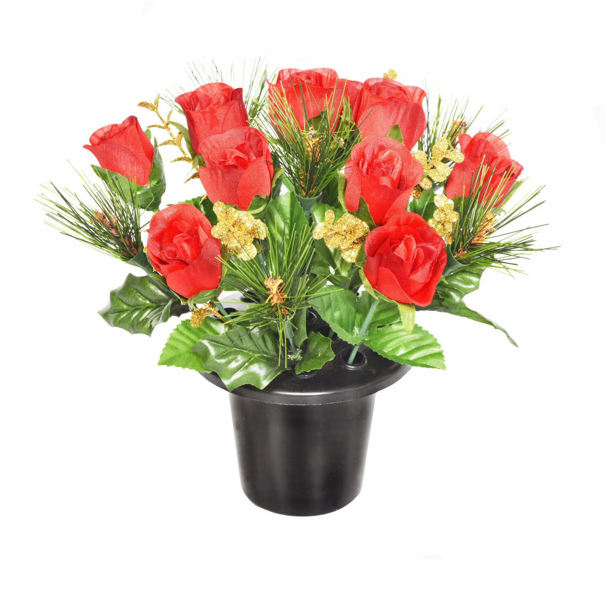 Sincere Floral 25cm Red Artificial Rosebud Eucalyptus Grave Pot