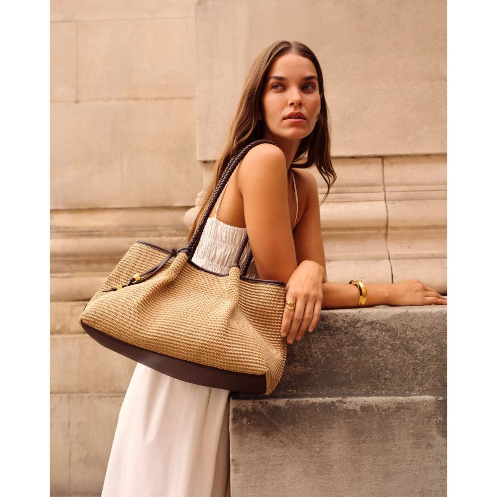 Katie Loxton Small Nova Raffia Shoulder Tote Bag - Natural Chocolate
