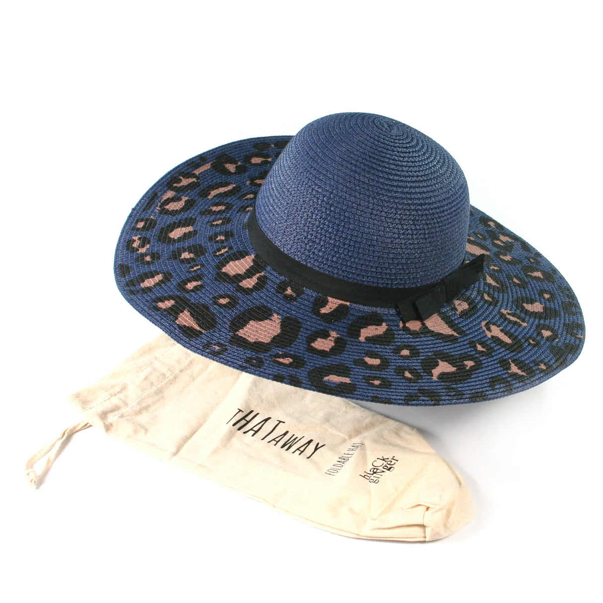Black Ginger Dark Blue Animal Print Wide Brim Foldable Hat - 601-144