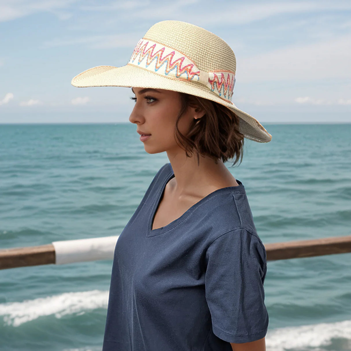 Black Ginger 57cm Natural Wide Brim Zigzag Band Foldable Hat