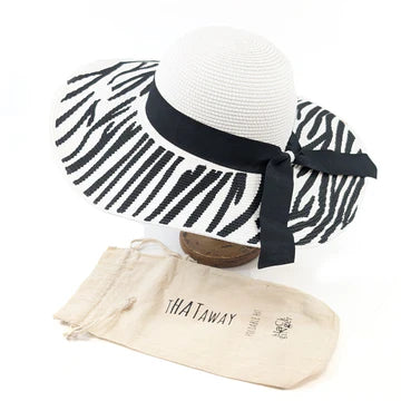 Black Ginger 57cm Zebra Print Wide Brim Fold Hat