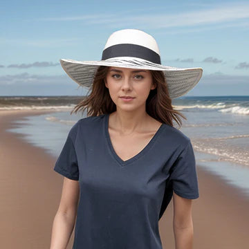 Black Ginger 57cm Zebra Print Wide Brim Fold Hat