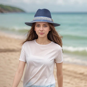 Black Ginger 57cm Navy Blue Jewel Band Panama Foldable Hat